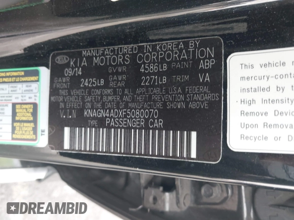 2015 Kia Optima Hybrid EX with VIN KNAGN4ADXF5080070, listed as a IAAI auction lot 41666446 with 119,845 mi miles. Bid and sale history available at carsss.com. Image 9.