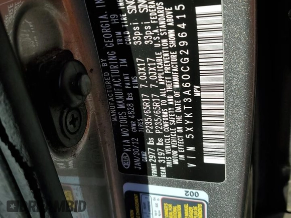 2012 Kia Sorento LX with VIN 5XYKT3A60CG296415, listed as a Copart auction lot 45319905 with 0 mi miles and Salvage Title. Bid and sale history available at carsss.com. Image 14.