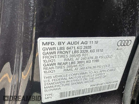 2019 Audi Q8 Premium Plus with VIN WA1BVAF12KD016786, listed as a Copart auction lot 63250795 with 102,579 mi miles and Clean title. Bid and sale history available at DreamBid. Image 10.