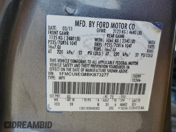 2011 Ford Escape Limited with VIN 1FMCU9EG8BKB73277, listed as a Copart auction lot 47484845 with 192,717 mi miles and Salvage Title. Bid and sale history available at DreamBid. Image 15.