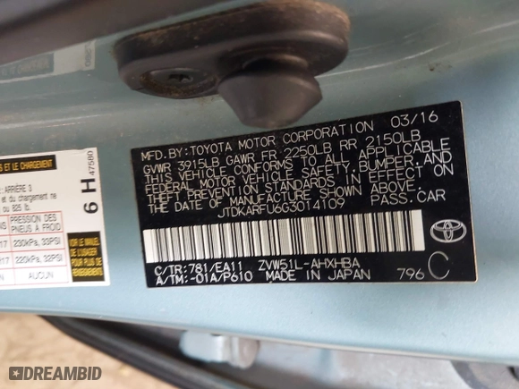 2016 Toyota Prius Four with VIN JTDKARFU6G3014109, listed as a IAAI auction lot 41757920 with 180,416 mi miles. Bid and sale history available at carsss.com. Image 9.