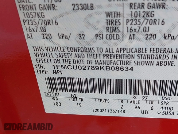 2009 Ford Escape XLS с VIN 1FMCU02789KB08634, выставлен на аукционе IAAI как лот 42415757 с пробегом 157 791 миль миль и . История ставок и продаж доступна на DreamBid. Изображение 9.