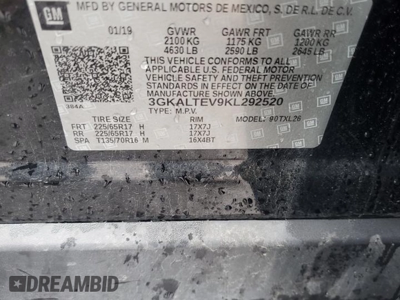 2019 GMC Terrain SLE with VIN 3GKALTEV9KL292520, listed as a Copart auction lot 57229465 with 71,080 mi miles and Salvage title. Bid and sale history available at DreamBid. Image 14.