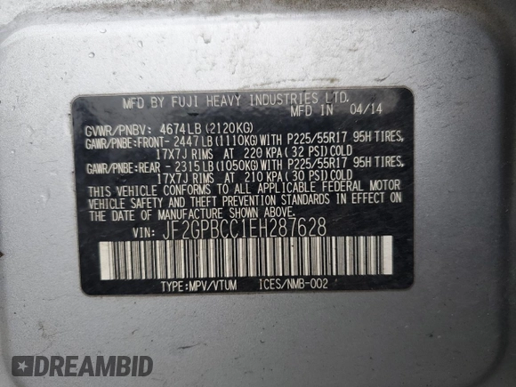 2014 Subaru Crosstrek with VIN JF2GPBCC1EH287628, listed as a Copart auction lot 50820335 with 88,235 mi miles and Salvage title. Bid and sale history available at DreamBid. Image 13.