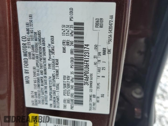 2015 Ford Fusion SE Hybrid with VIN 3FA6P0LU6FR123174, listed as a Copart auction lot 51208295 with 225,024 mi miles and Salvage Title. Bid and sale history available at carsss.com. Image 14.