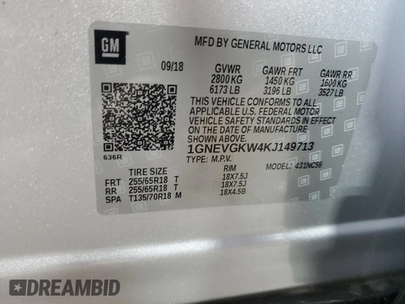 2019 Chevrolet Traverse LT Cloth with VIN 1GNEVGKW4KJ149713, listed as a Copart auction lot 51773005 with 62,403 mi miles and Salvage Title. Bid and sale history available at carsss.com. Image 14.