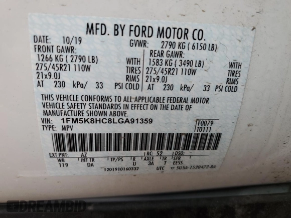 2020 Ford Explorer Platinum with VIN 1FM5K8HC8LGA91359, listed as a Copart auction lot 45890335 with 0 mi miles and Salvage Title. Bid and sale history available at carsss.com. Image 14.