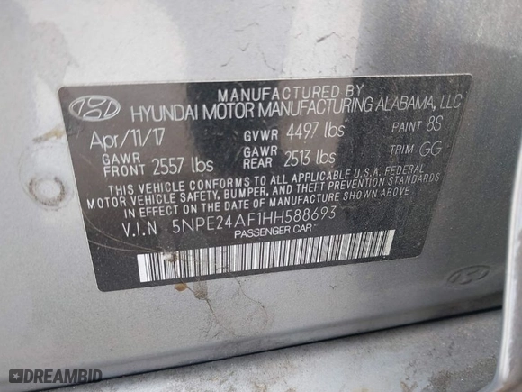2017 Hyundai Sonata SE with VIN 5NPE24AF1HH588693, listed as a IAAI auction lot 41356233 with 1 mi miles. Bid and sale history available at carsss.com. Image 9.