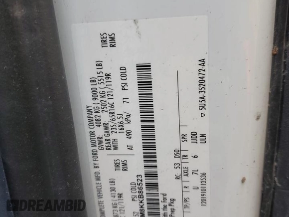 2019 Ford Transit with VIN 1FDYR2CM8KKB86523, listed as a Copart auction lot 80925903 with Not Provided miles and Salvage Title. Bid and sale history available at DreamBid. Image 12.