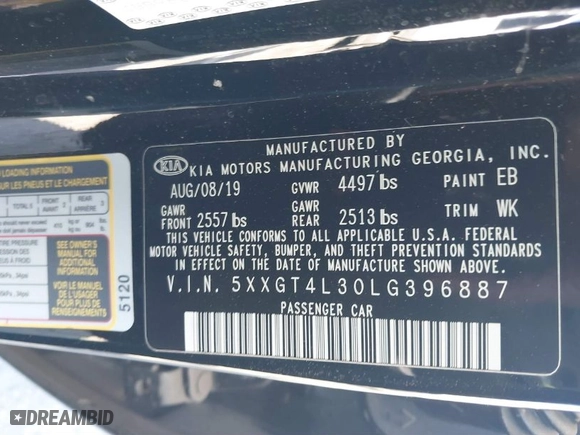 2020 Kia Optima LX with VIN 5XXGT4L30LG396887, listed as a IAAI auction lot 41830154 with 41,062 mi miles. Bid and sale history available at carsss.com. Image 9.