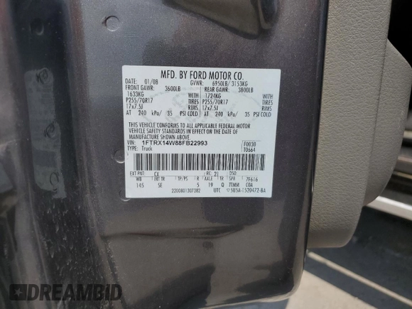 2008 Ford F-150 STX with VIN 1FTRX14W88FB22993, listed as a Copart auction lot 59531365 with 248,580 mi miles and Salvage title. Bid and sale history available at DreamBid. Image 12.