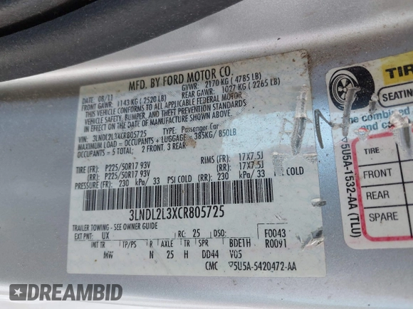 2012 Lincoln MKZ Hybrid with VIN 3LNDL2L3XCR805725, listed as a IAAI auction lot 41801213 with 130,587 mi miles and . Bid and sale history available at DreamBid. Image 9.