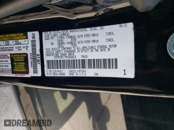2021 Toyota Tundra SR z VIN 5TFRY5F17MX286018, wystawiony jako Copart lot #61780125 z przebiegiem 83 161 mil mil oraz Szkoda całkowita • Salvage title. Historia ofert i sprzedaży dostępna na DreamBid. Obrazek 12.