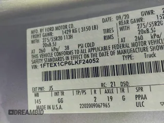 2020 Ford F-150 XL with VIN 1FTEX1CP6LKF24052, listed as a IAAI auction lot 41732807 with 30,917 mi miles and . Bid and sale history available at DreamBid. Image 9.