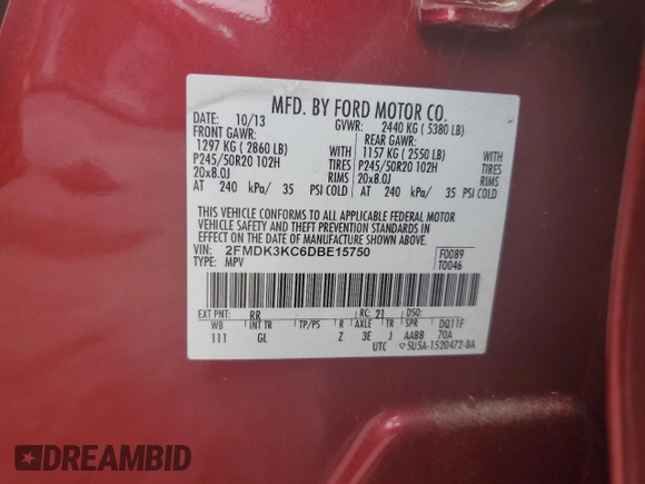 2013 Ford Edge Limited with VIN 2FMDK3KC6DBE15750, listed as a Copart auction lot 55727365 with 169,368 mi miles and Salvage title. Bid and sale history available at DreamBid. Image 12.