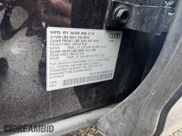 2019 Audi Q7 Premium Plus with VIN WA1LABF79KD013135, listed as a Copart auction lot 56272315 with 208,776 mi miles and Clean title. Bid and sale history available at DreamBid. Image 10.