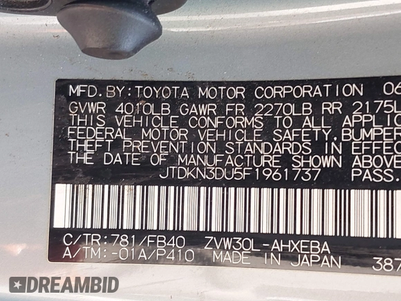 2015 Toyota Prius Four with VIN JTDKN3DU5F1961737, listed as a IAAI auction lot 42082317 with 253,254 mi miles. Bid and sale history available at carsss.com. Image 9.