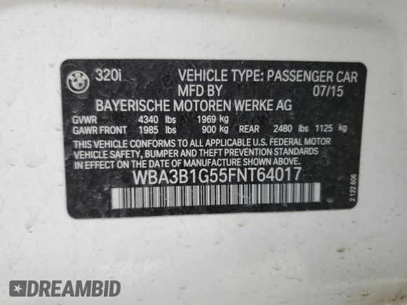 2015 BMW 3 Series 320i with VIN WBA3B1G55FNT64017, listed as a Copart auction lot 50807865 with 46,703 mi miles and Salvage Title. Bid and sale history available at carsss.com. Image 12.