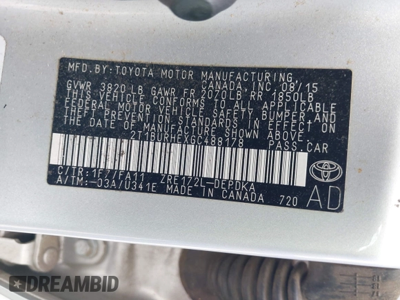 2016 Toyota Corolla L z VIN 2T1BURHEXGC488178, wystawiony jako IAAI lot #42308517 z przebiegiem 136 114 mil mil oraz . Historia ofert i sprzedaży dostępna na DreamBid. Obrazek 9.