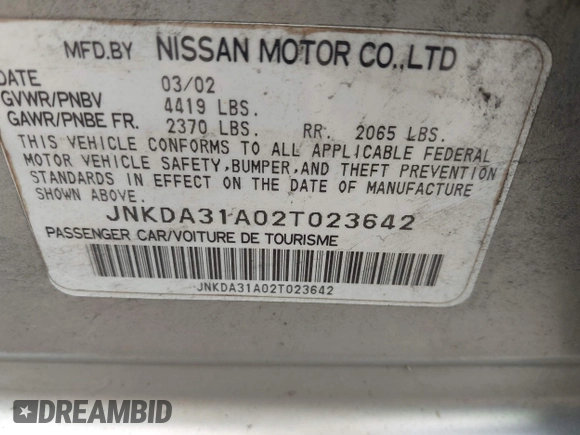 2002 Infiniti I35 Luxury z VIN JNKDA31A02T023642, wystawiony jako IAAI lot #42096567 z przebiegiem 94 412 mil mil oraz . Historia ofert i sprzedaży dostępna na DreamBid. Obrazek 9.