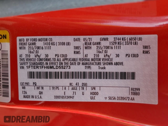 2021 Ford Ranger XL with VIN 1FTER1FH6MLD55273, listed as a Copart auction lot 54147975 with 44,139 mi miles and Salvage title. Bid and sale history available at DreamBid. Image 12.