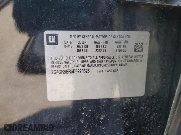2013 Buick Regal with VIN 2G4GR5ER5D9228625, listed as a Copart auction lot 61719505 with 168,625 mi miles and Salvage title. Bid and sale history available at DreamBid. Image 12.