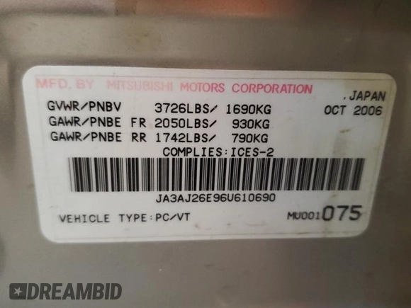 2006 Mitsubishi Lancer ES with VIN JA3AJ26E96U610690, listed as a Copart auction lot 67905674 with 132,914 mi miles and Salvage Title. Bid and sale history available at carsss.com. Image 12.