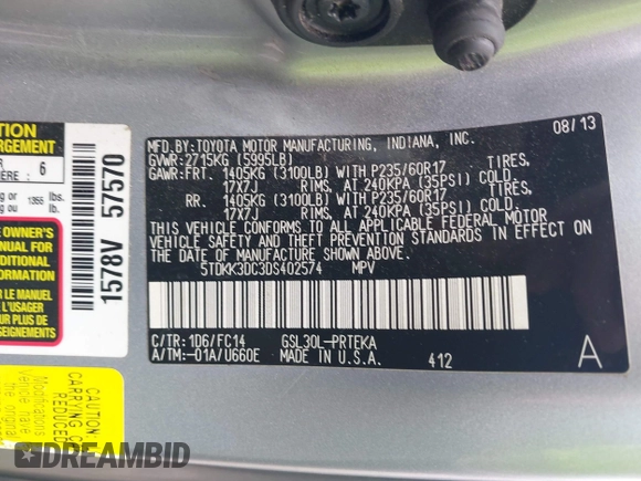 2013 Toyota Sienna LE AAS with VIN 5TDKK3DC3DS402574, listed as a IAAI auction lot 42272047 with 142,938 mi miles and . Bid and sale history available at DreamBid. Image 9.