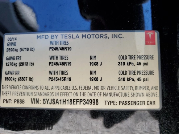 2014 Tesla Model S 60 with VIN 5YJSA1H18EFP34998, listed as a Copart auction lot 55416135 with 229,107 mi miles and Salvage title. Bid and sale history available at DreamBid. Image 12.
