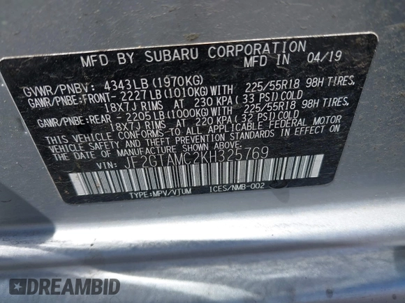2019 Subaru Crosstrek Limited with VIN JF2GTAMC2KH325769, listed as a IAAI auction lot 42648751 with 23,705 mi miles and . Bid and sale history available at DreamBid. Image 9.
