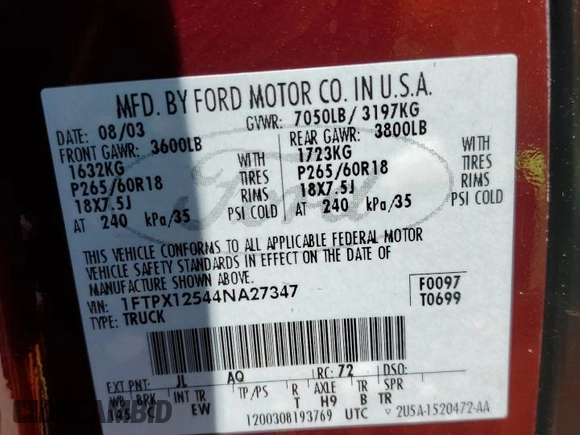 2004 Ford F-150 XL z VIN 1FTPX12544NA27347, wystawiony jako Copart lot #61166125 z przebiegiem 146 739 mil mil oraz Szkoda całkowita • Salvage title. Historia ofert i sprzedaży dostępna na DreamBid. Obrazek 12.