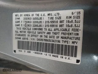 2005 Honda CR-V EX with VIN SHSRD78845U342194, listed as a IAAI auction lot 41835403 with 193,111 mi miles. Bid and sale history available at carsss.com. Image 9.