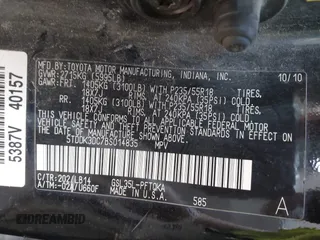 2011 Toyota Sienna XLE с VIN 5TDDK3DC7BS014835, выставлен на аукционе IAAI как лот 42433053 с пробегом 291 762 миль миль и . История ставок и продаж доступна на DreamBid. Изображение 9.