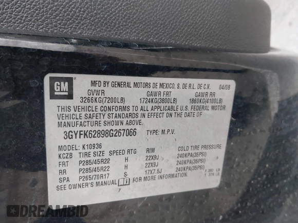 2008 Cadillac Escalade EXT z VIN 3GYFK62898G267066, wystawiony jako IAAI lot #41838226 z przebiegiem 115 559 mil mil oraz . Historia ofert i sprzedaży dostępna na DreamBid. Obrazek 9.