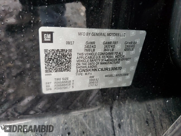 2018 Chevrolet Suburban LT with VIN 1GNSKHKC6JR130670, listed as a Copart auction lot 55339695 with 98,180 mi miles and Salvage Title. Bid and sale history available at DreamBid. Image 13.