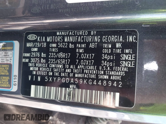 2019 Kia Sorento LX z VIN 5XYPGDA59KG448942, wystawiony jako IAAI lot #42333673 z przebiegiem 172 581 mil mil oraz . Historia ofert i sprzedaży dostępna na DreamBid. Obrazek 9.