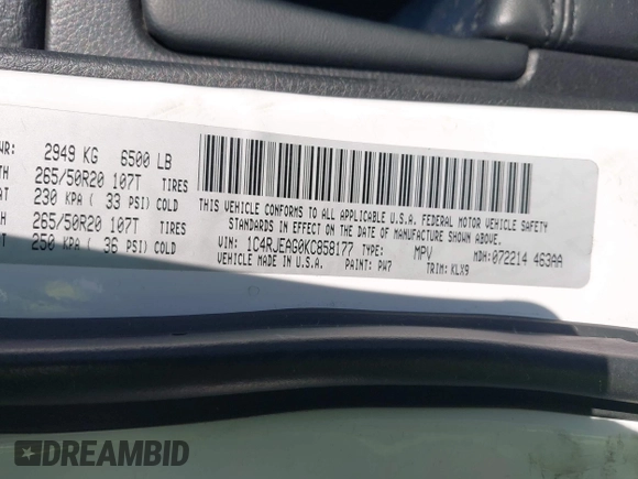 2019 Jeep Grand Cherokee Laredo with VIN 1C4RJEAG0KC858177, listed as a IAAI auction lot 42604812 with 79,932 mi miles and . Bid and sale history available at DreamBid. Image 9.