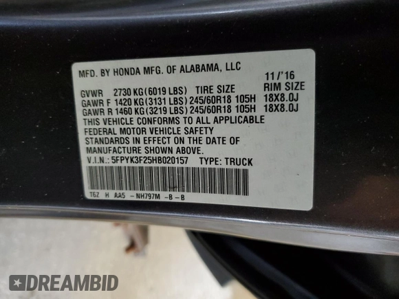 2017 Honda Ridgeline Sport+ with VIN 5FPYK3F25HB020157, listed as a Copart auction lot 62360275 with Not provided miles and Salvage title. Bid and sale history available at DreamBid. Image 12.