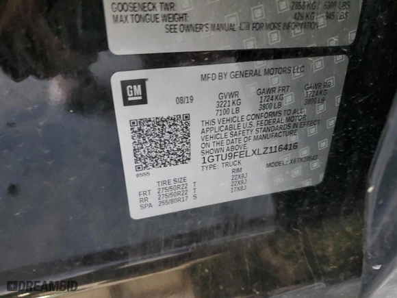 2020 GMC Sierra 1500 Denali with VIN 1GTU9FELXLZ116416, listed as a Copart auction lot 87764685 with 118,296 mi miles and Salvage Title. Bid and sale history available at carsss.com. Image 12.
