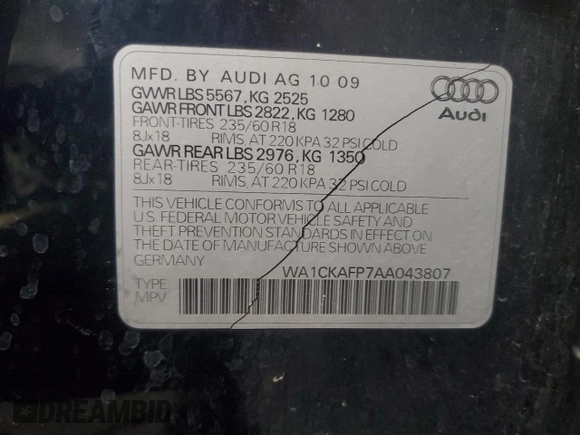 2010 Audi Q5 Premium with VIN WA1CKAFP7AA043807, listed as a Copart auction lot 84631444 with 205,371 mi miles and Non Repairable. Bid and sale history available at carsss.com. Image 13.