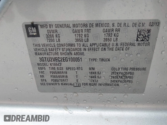 2014 GMC Sierra 1500 SLT with VIN 3GTU2VEC2EG100051, listed as a IAAI auction lot 40363924 with 149,636 mi miles and . Bid and sale history available at DreamBid. Image 9.
