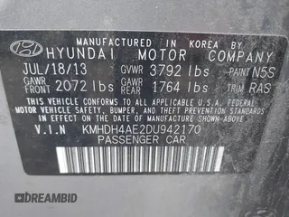 2013 Hyundai Elantra GLS with VIN KMHDH4AE2DU942170, listed as a IAAI auction lot 41921240 with 125,039 mi miles and . Bid and sale history available at DreamBid. Image 9.
