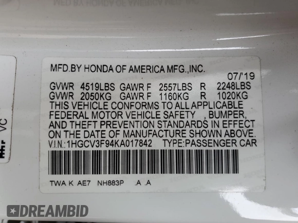 2019 Honda Accord Touring with VIN 1HGCV3F94KA017842, listed as a Copart auction lot 54958665 with 105,231 mi miles and Salvage title. Bid and sale history available at DreamBid. Image 12.