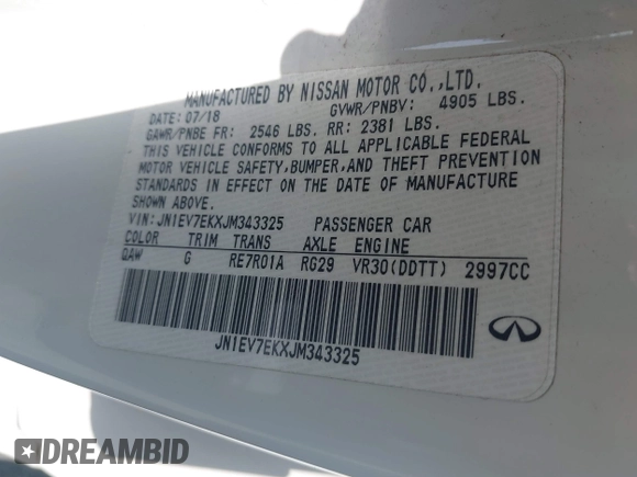 2018 Infiniti Q60 Sport with VIN JN1EV7EKXJM343325, listed as a IAAI auction lot 42364745 with 55,542 mi miles and . Bid and sale history available at DreamBid. Image 9.