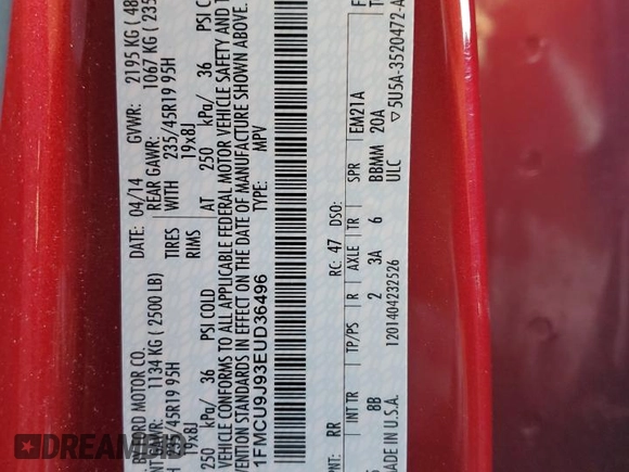2014 Ford Escape Titanium with VIN 1FMCU9J93EUD36496, listed as a Copart auction lot 89377665 with 88,976 mi miles and Salvage Title. Bid and sale history available at DreamBid. Image 13.