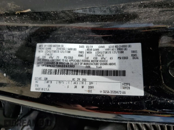 2019 Ford F-350 XL with VIN 1FT8W3DT0KEE63303, listed as a Copart auction lot 59960655 with Not provided miles and Salvage title. Bid and sale history available at DreamBid. Image 12.
