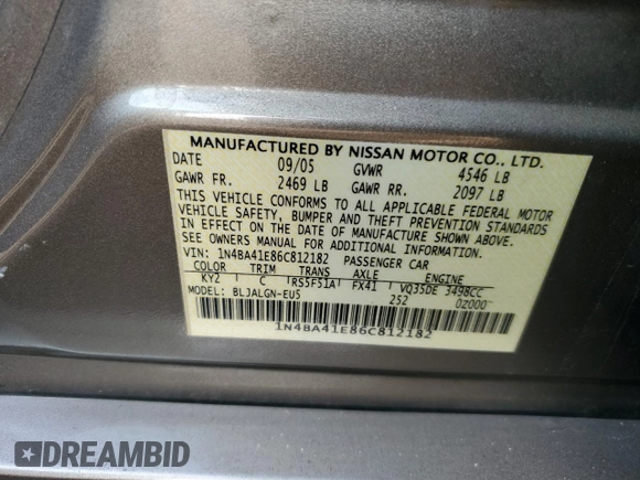 2006 Nissan Maxima 3.5 SL with VIN 1N4BA41E86C812182, listed as a Copart auction lot 42123475 with 126,190 mi miles and Salvage Title. Bid and sale history available at carsss.com. Image 14.