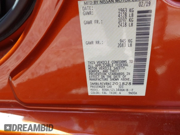 2019 Nissan Altima SR with VIN 1N4BL4CV8KC201828, listed as a IAAI auction lot 41728892 with 124,879 mi miles and . Bid and sale history available at carsss.com. Image 9.