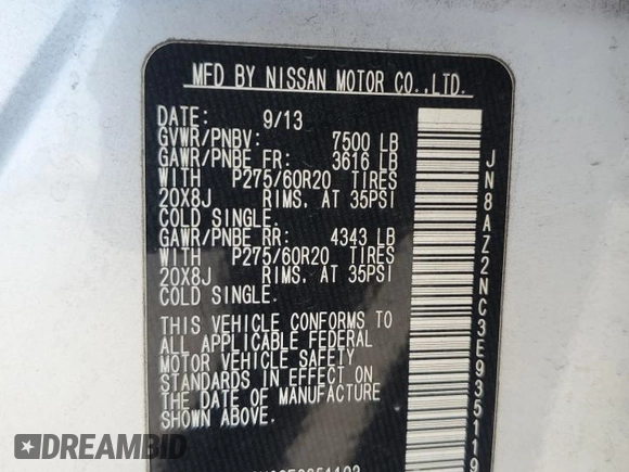 2014 Infiniti QX80 with VIN JN8AZ2NC3E9351193, listed as a Copart auction lot 58953585 with 182,686 mi miles and Salvage title. Bid and sale history available at DreamBid. Image 13.