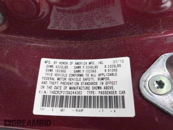 2013 Honda Accord LX z VIN 1HGCR2F37DA244083, wystawiony jako IAAI lot #41946378 z przebiegiem 247 000 mil mil oraz . Historia ofert i sprzedaży dostępna na DreamBid. Obrazek 9.